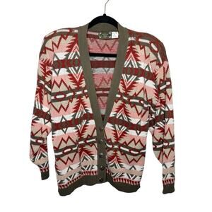 SANTA FE WEST / vintage red brown aztec western printed cardigan sweater / S